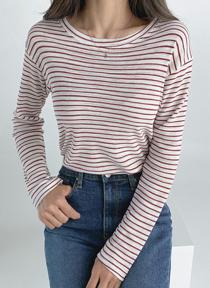 ボーダーリブTシャツ・t03098 レディース 【tops】トップス Tシャツ 長袖 ボーダー柄 リブ ロンT ラウンドネック カジュアル ドロップショルダー 春 秋 韓国ファッション