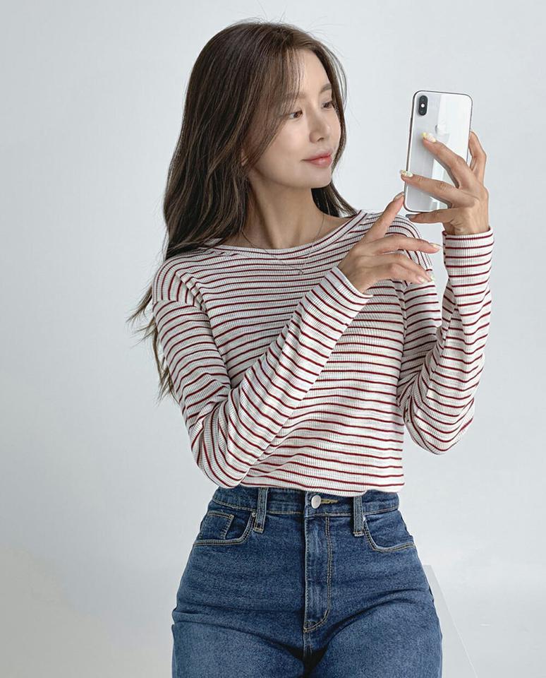 ボーダーリブTシャツ・t03098 レディース 【tops】トップス Tシャツ 長袖 ボーダー柄 リブ ロンT ラウンドネック カジュアル ドロップショルダー 春 秋 韓国ファッション