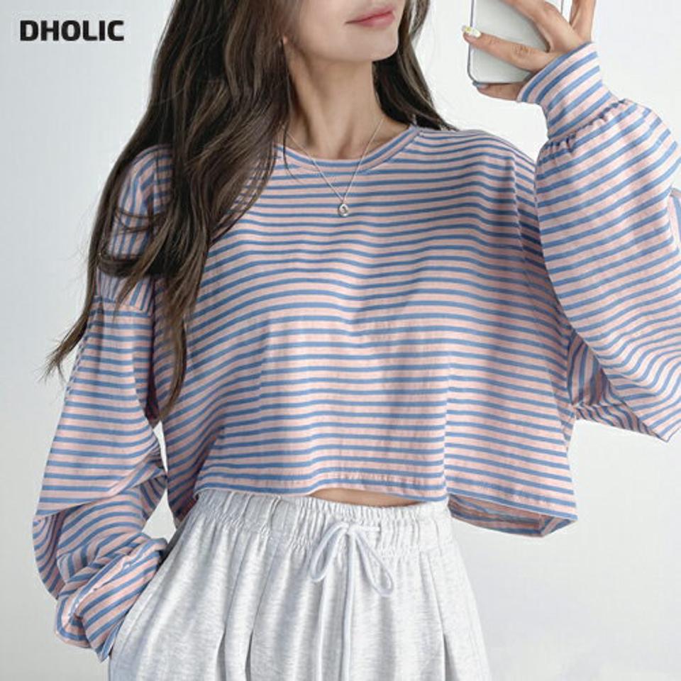ボーダークロップドTシャツ・t03104 レディース 【tops】トップス Tシャツ 長袖 ボーダー柄 クロップド丈 へそ出し 短丈 カジュアル ラウンドネック ワイドスリーブ ドロップショルダー ショート丈 春 秋 韓国ファッション