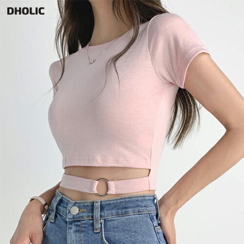 【10%OFF】スリットOリングTシャツ・t03106 レディース 【tops】トップス Tシャツ 半袖 スリット ユニーク 個性的 肌見せ へそ出し 韓スト ストリート カジュアル セクシー ピンク 夏 韓国ファッション セール SALE