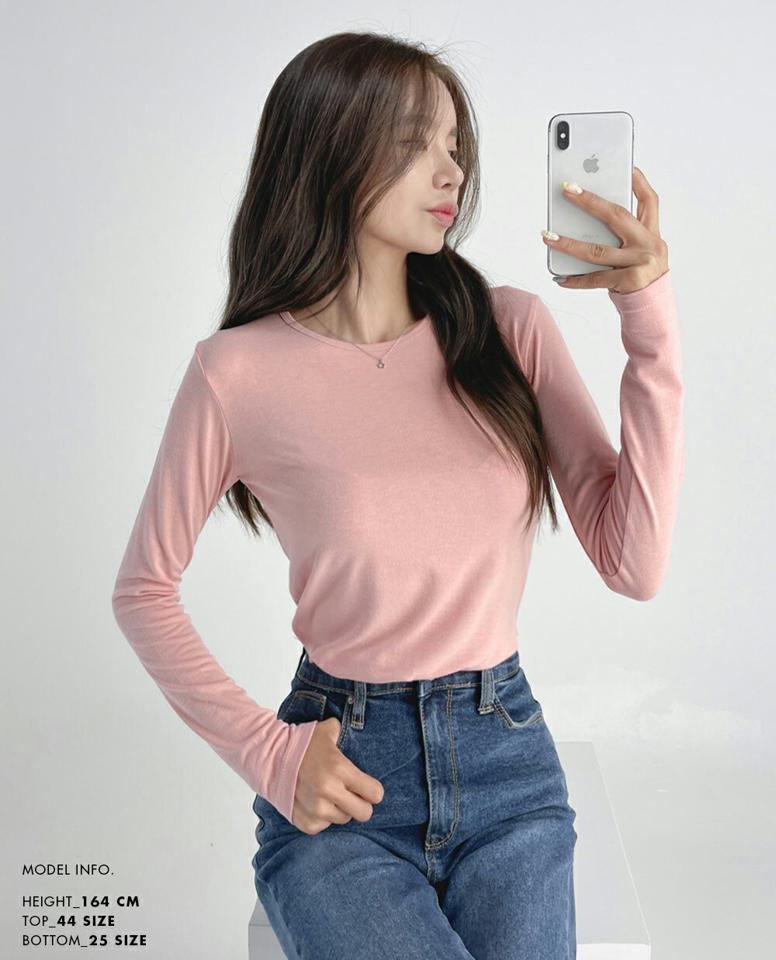 ラウンドネックスリムTシャツ・t03097 レディース 【tops】トップス Tシャツ ロンT 長袖 単色 無地 無地T シンプル ベーシック ラウンドネック スリム カジュアル 大人 ピンク 春 秋 人気 韓国ファッション