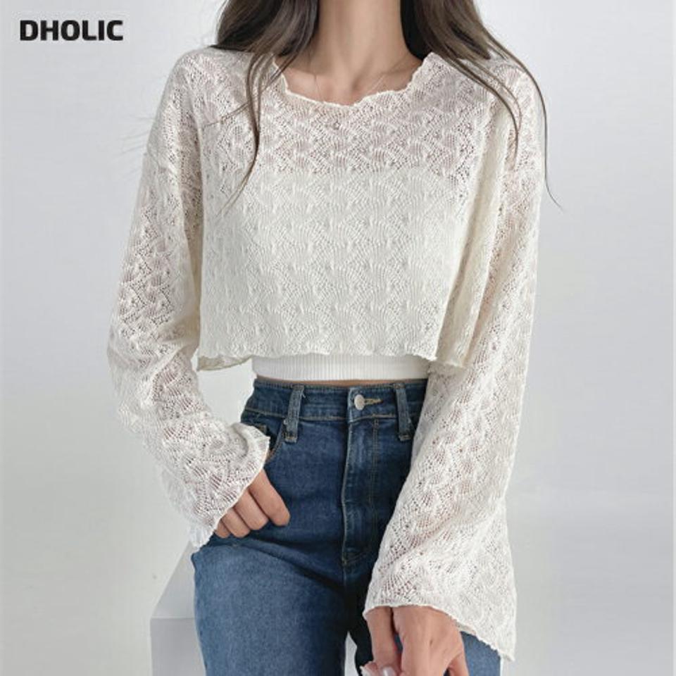パンチングクロップドニット・t03115 レディース 【tops】トップス ニット 長袖 透け感 シアー シースルー メッシュ パンチング クロップド丈 短丈 へそ出し ワイドスリーブ カジュアル かわいい サマーニット メロウ 春 夏 韓国ファッション