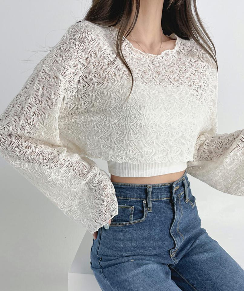 パンチングクロップドニット・t03115 レディース 【tops】トップス ニット 長袖 透け感 シアー シースルー メッシュ パンチング クロップド丈 短丈 へそ出し ワイドスリーブ カジュアル かわいい サマーニット メロウ 春 夏 韓国ファッション
