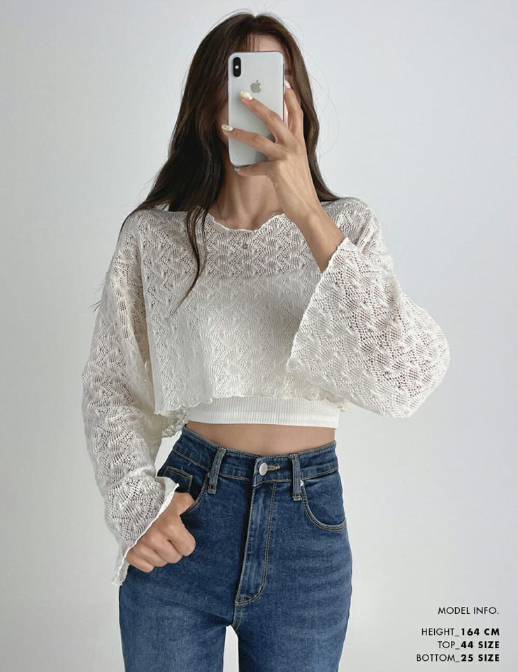 パンチングクロップドニット・t03115 レディース 【tops】トップス ニット 長袖 透け感 シアー シースルー メッシュ パンチング クロップド丈 短丈 へそ出し ワイドスリーブ カジュアル かわいい サマーニット メロウ 春 夏 韓国ファッション