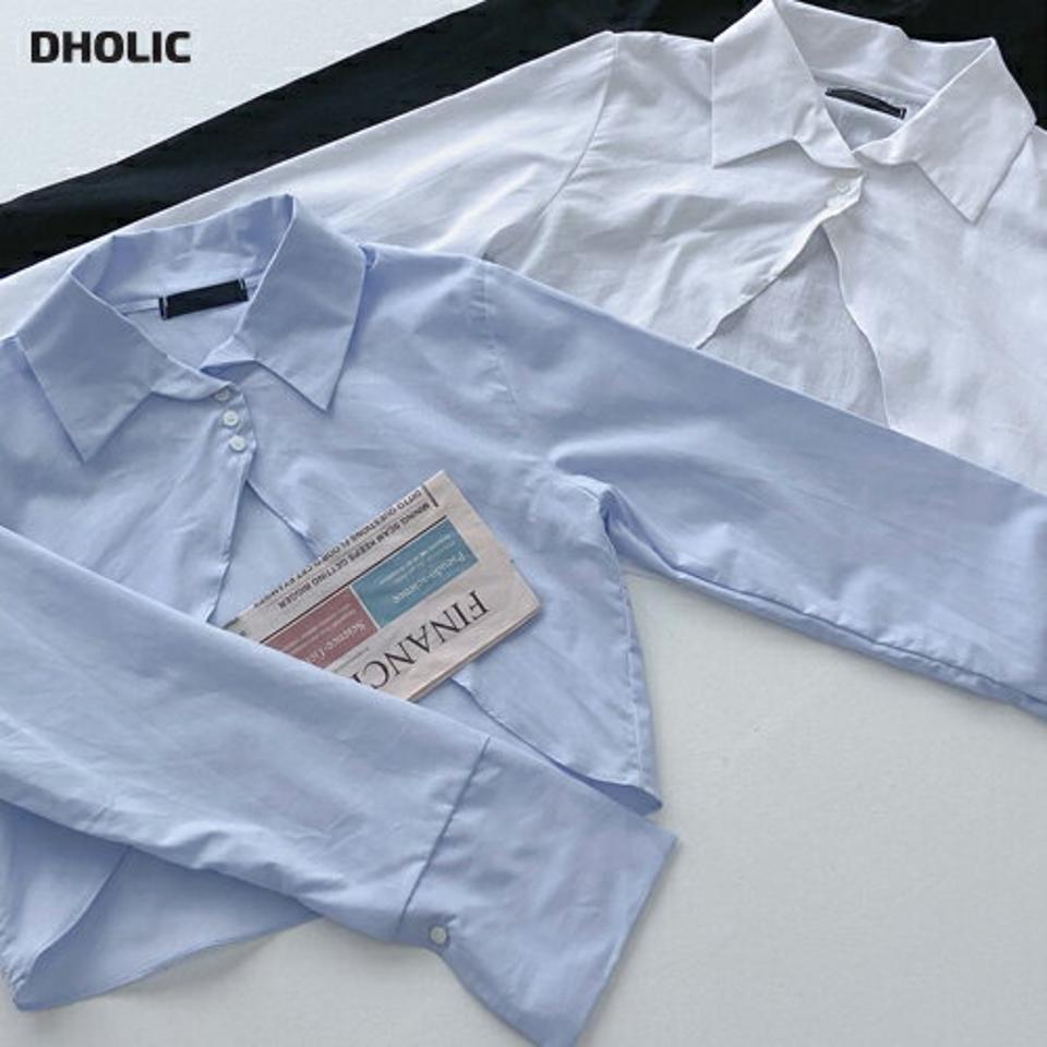 ワイドカフスボレロシャツ・t03123 レディース 【bl】トップス シャツ 長袖 ボレロ 襟 水色 白シャツ ホワイト 黒 ブラック ユニーク 個性的 クロップド丈 スリット レイヤード かわいい 可愛い 肌見せ 春 秋 韓国ファッション