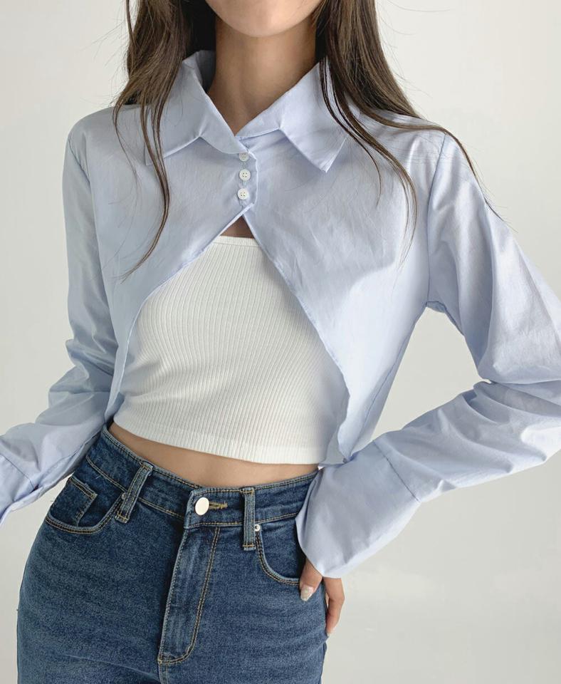 ワイドカフスボレロシャツ・t03123 レディース 【bl】トップス シャツ 長袖 ボレロ 襟 水色 白シャツ ホワイト 黒 ブラック ユニーク 個性的 クロップド丈 スリット レイヤード かわいい 可愛い 肌見せ 春 秋 韓国ファッション