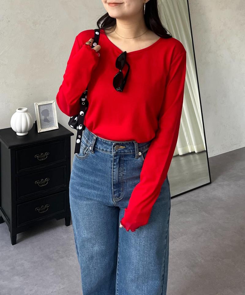 【累計販売数6万枚突破！】袖シアー切替トップス