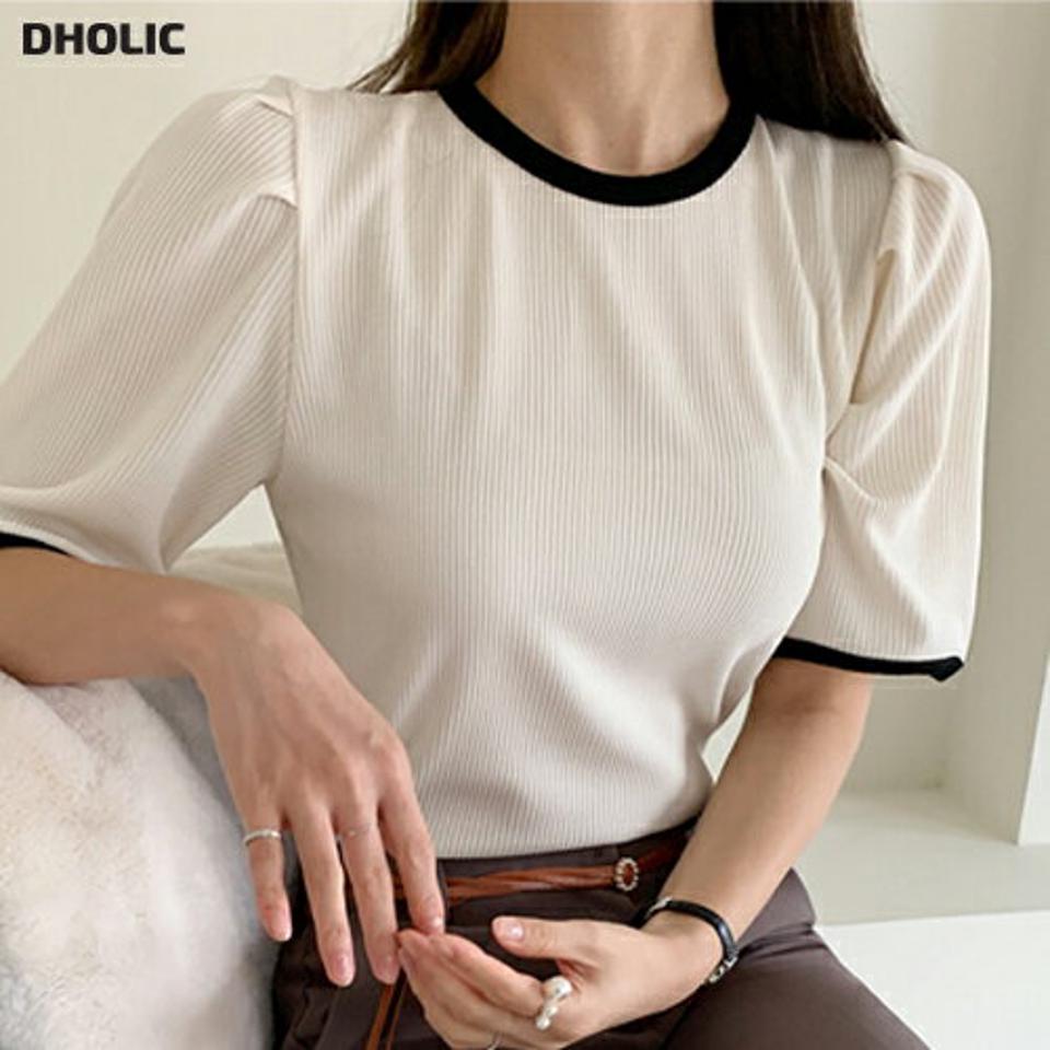 配色パイピングパフTシャツ・t72520 レディース 【tops】トップス Tシャツ 配色 柄 模様 パフスリーブ パフ袖 パイピング リブ タック 半袖 バイカラー モノトーン 春 夏 フェミニン かわいい 可愛い 白 黒 韓国ファッション ハイホリHIHOLLI