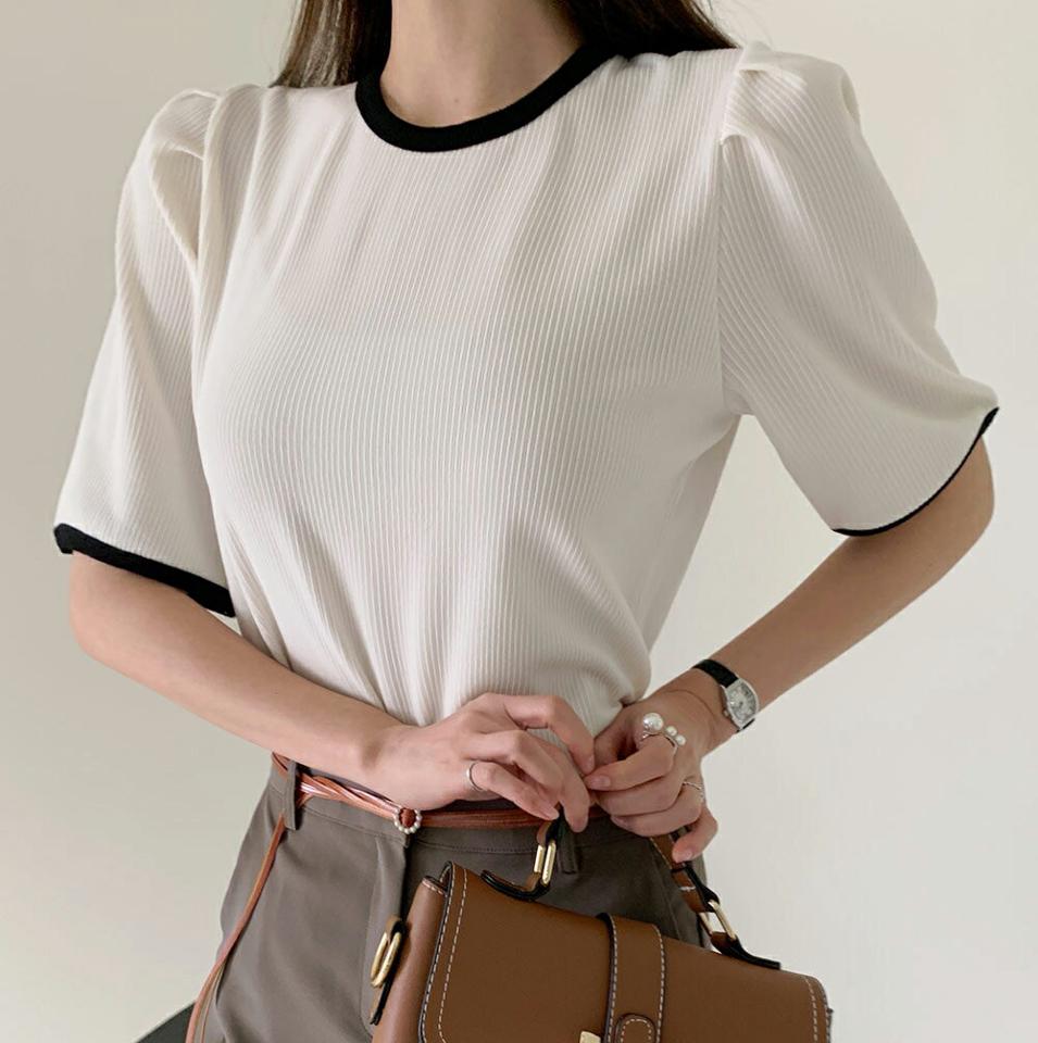 配色パイピングパフTシャツ・t72520 レディース 【tops】トップス Tシャツ 配色 柄 模様 パフスリーブ パフ袖 パイピング リブ タック 半袖 バイカラー モノトーン 春 夏 フェミニン かわいい 可愛い 白 黒 韓国ファッション ハイホリHIHOLLI
