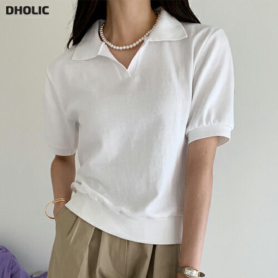 スキッパー半袖Tシャツ・b72493 レディース 【tops】トップス Tシャツ 半袖 ポロ襟 襟 スキッパー 単色 無地 シンプル ベーシック 楽ちん スポーツ 運動 春 夏 カジュアル 大人 ラフ かわいい 可愛い 白 ホワイト 韓国ファッション ハイホリHIHOLLI