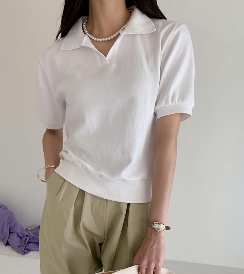 スキッパー半袖Tシャツ・b72493 レディース 【tops】トップス Tシャツ 半袖 ポロ襟 襟 スキッパー 単色 無地 シンプル ベーシック 楽ちん スポーツ 運動 春 夏 カジュアル 大人 ラフ かわいい 可愛い 白 ホワイト 韓国ファッション ハイホリHIHOLLI