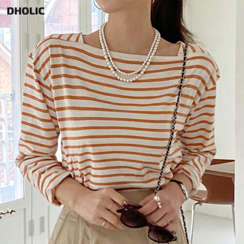 ボーダースクエアネックTシャツ・t72497 レディース 【tops】トップス Tシャツ ボーダー 柄 模様 長袖 スクエアネック ドロップショルダー ラフ 春 秋 カジュアル かわいい フェミニン 赤 レッド 大人 爽やか 韓国ファッション ハイホリHIHOLLI