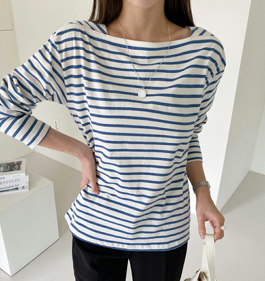 ボーダースクエアネックTシャツ・t72497 レディース 【tops】トップス Tシャツ ボーダー 柄 模様 長袖 スクエアネック ドロップショルダー ラフ 春 秋 カジュアル かわいい フェミニン 赤 レッド 大人 爽やか 韓国ファッション ハイホリHIHOLLI
