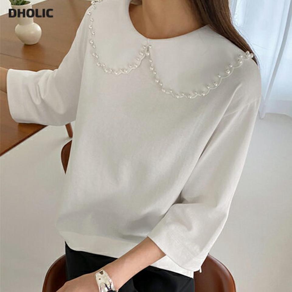 フェイクパールラウンドカラーTシャツ・b72496 レディース 【tops】トップス Tシャツ 襟コン 襟 単色 フェイクパール パール調 七分袖 7分袖 ゆったり 楽ちん ドロップショルダー 春 夏 秋 綿 ガーリー 白 韓国ファッション ハイホリHIHOLLI