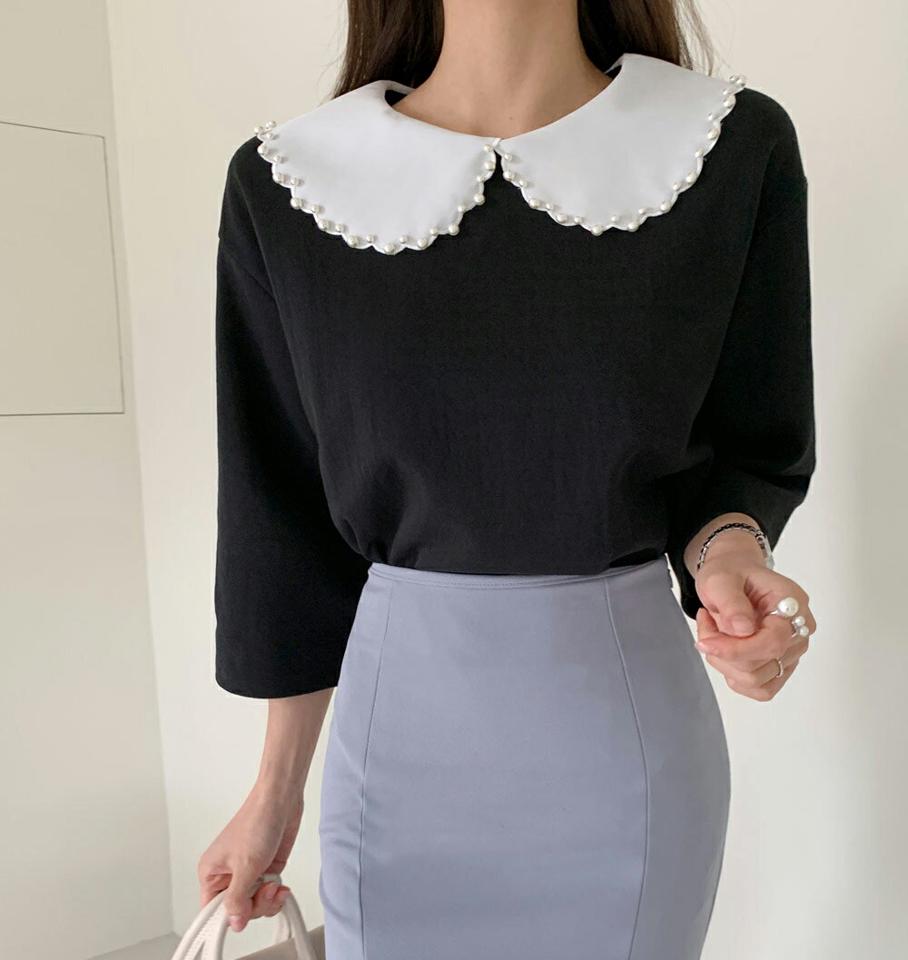 フェイクパールラウンドカラーTシャツ・b72496 レディース 【tops】トップス Tシャツ 襟コン 襟 単色 フェイクパール パール調 七分袖 7分袖 ゆったり 楽ちん ドロップショルダー 春 夏 秋 綿 ガーリー 白 韓国ファッション ハイホリHIHOLLI