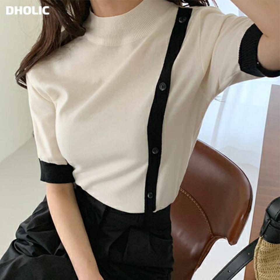 フェイクボタン配色ニット・b72500 レディース 【tops】トップス ニット 半袖 配色 柄 模様 ぼたん ボタン フェイクボタン ユニーク ライン バイカラー 春 夏 上品 フェミニン ハーフネック 春 白 黒 モノトーン 韓国ファッション ハイホリHIHOLLI