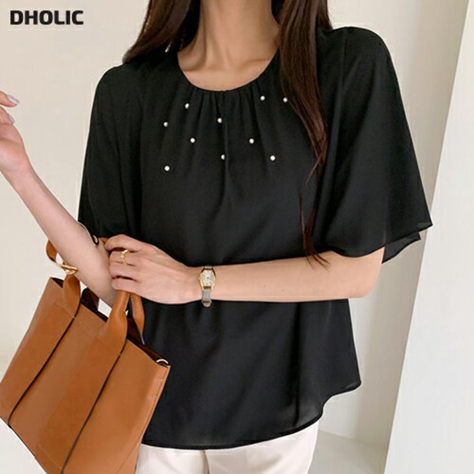 パール調ギャザーネックブラウス・t72501 レディース 【bl】ブラウス トップス 半袖 配色 柄 模様 パール調 ギャザー 二の腕カバー フレア オフィスカジュアル 春 夏 フェミニン 上品 高級感 きれいめ 黒 ブラック 韓国ファッション ハイホリHIHOLLI