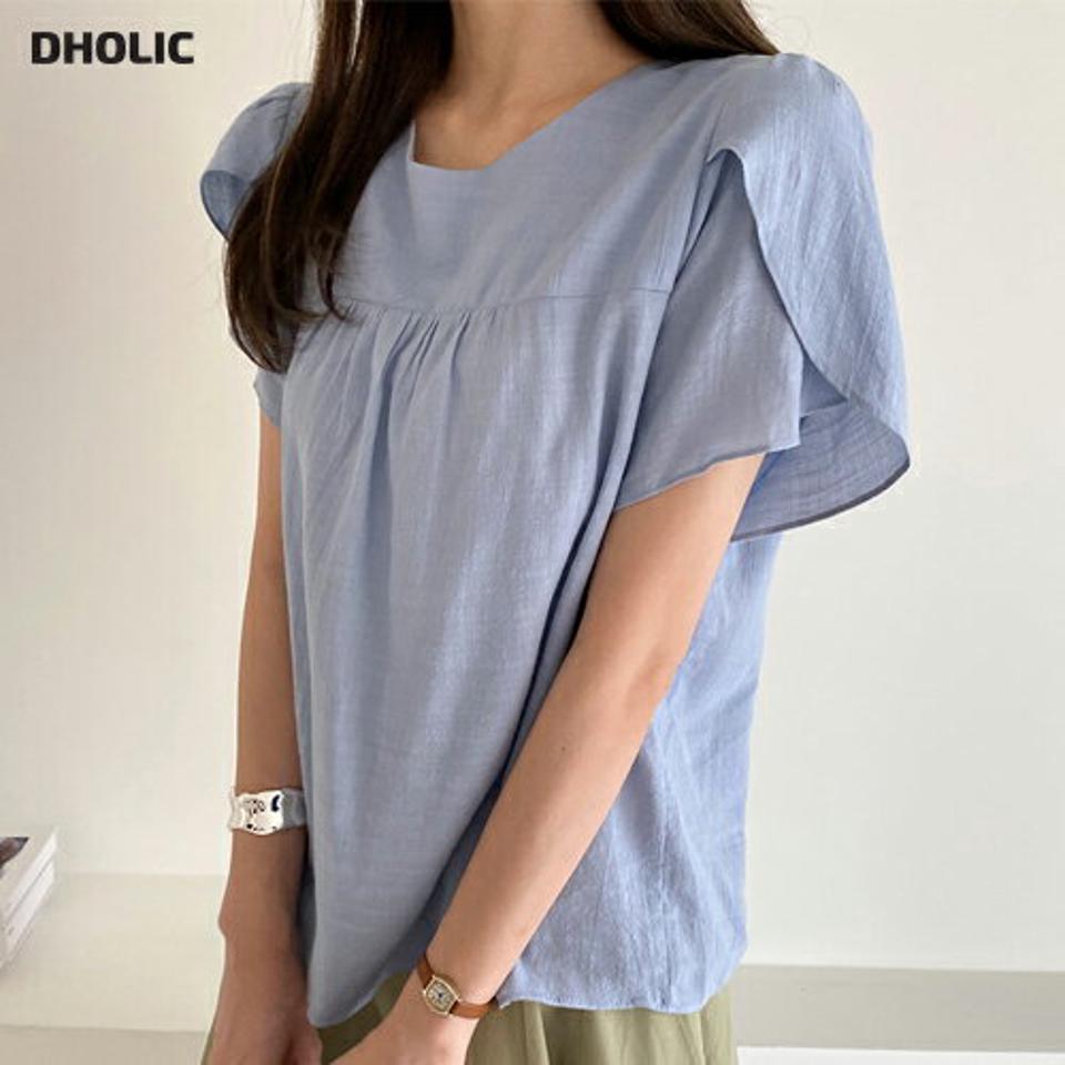 チューリップスリーブブラウス・b72502 レディース 【bl】ブラウス トップス 半袖 チューリップスリーブ パステル 単色 無地 シンプル べーシック オフィスカジュアル 春 夏 フェミニン 上品 かわいい 青 水色 韓国ファッション ハイホリHIHOLLI