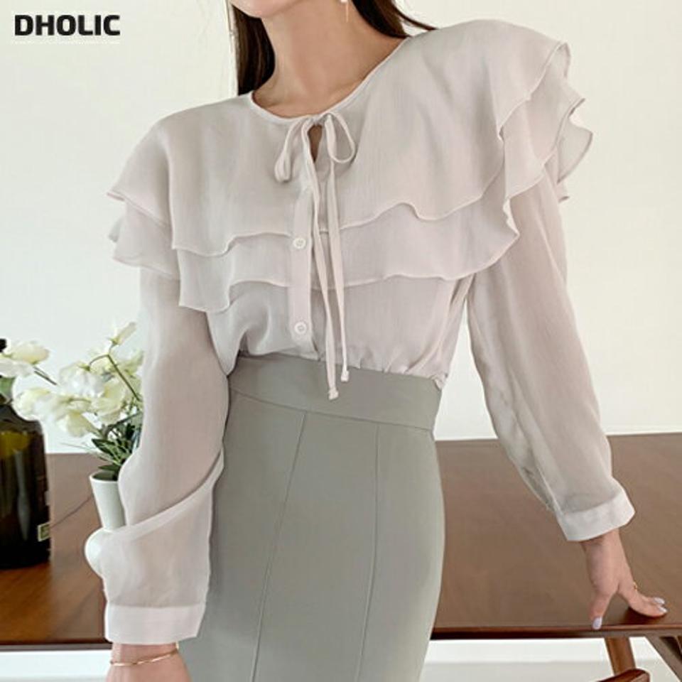 ラッフルカラーリボンブラウス・t72504 レディース 【bl】ブラウス トップス 長袖 パステル 単色 無地 オフィスカジュアル ラッフル フリル りぼん リボン 襟 襟コン オフィスカジュアル 春 夏 フェミニン ピンク 韓国ファッション ハイホリHIHOLLI