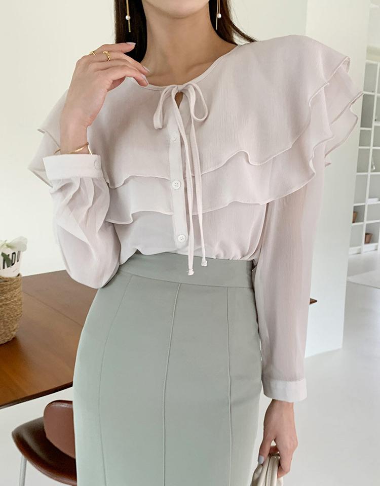 ラッフルカラーリボンブラウス・t72504 レディース 【bl】ブラウス トップス 長袖 パステル 単色 無地 オフィスカジュアル ラッフル フリル りぼん リボン 襟 襟コン オフィスカジュアル 春 夏 フェミニン ピンク 韓国ファッション ハイホリHIHOLLI