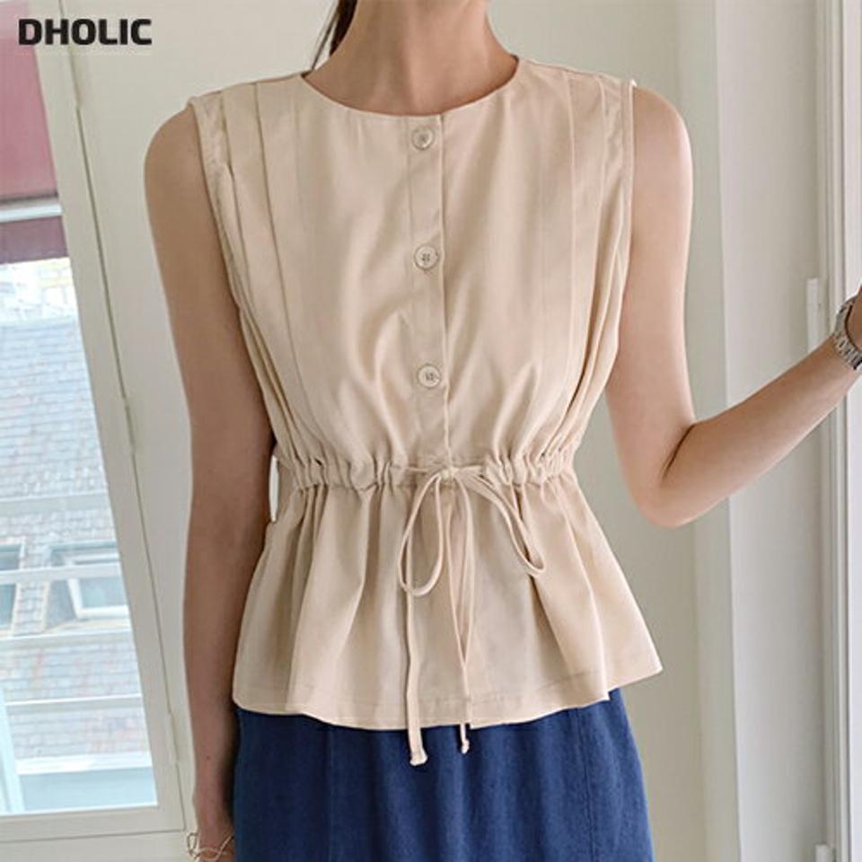 ストリング付ボタンノースリーブ・t72521 レディース 【bl】ブラウス ノースリーブ スリーブレス 単色 無地 シンプル ストリング ウエストマーク パステル リボン りぼん お腹カバー 春 夏 ベージュ フェミニン 韓国ファッション ハイホリHIHOLLI