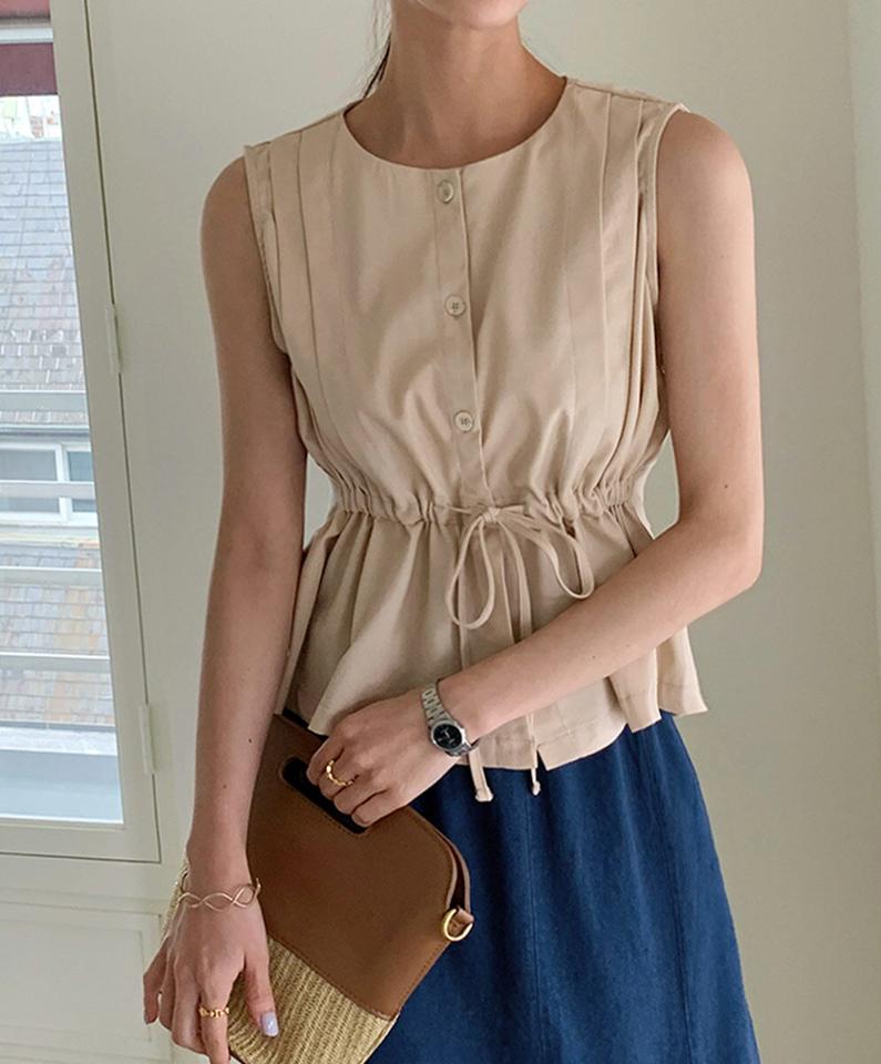 ストリング付ボタンノースリーブ・t72521 レディース 【bl】ブラウス ノースリーブ スリーブレス 単色 無地 シンプル ストリング ウエストマーク パステル リボン りぼん お腹カバー 春 夏 ベージュ フェミニン 韓国ファッション ハイホリHIHOLLI