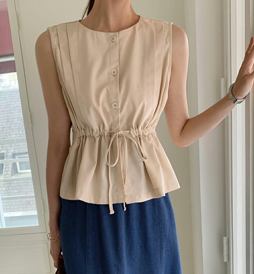 ストリング付ボタンノースリーブ・t72521 レディース 【bl】ブラウス ノースリーブ スリーブレス 単色 無地 シンプル ストリング ウエストマーク パステル リボン りぼん お腹カバー 春 夏 ベージュ フェミニン 韓国ファッション ハイホリHIHOLLI