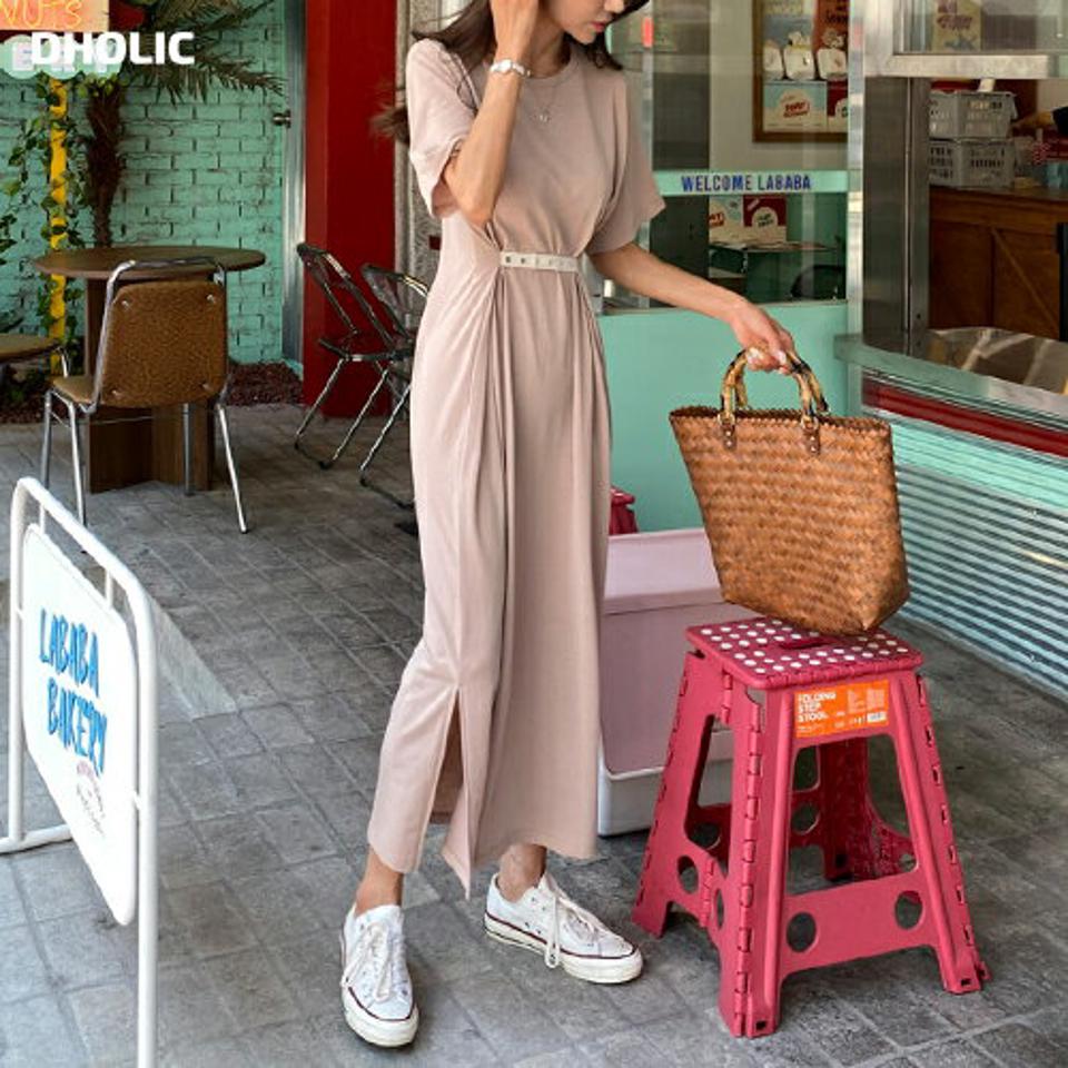 ボタンストラップワンピース・t01490 レディース 【ops】ワンピース ロング丈 半袖 ハーフスリーブ ラウンドネック ウエストマーク ベージュ ユニーク カットソーワンピース 夏 韓国ファッション