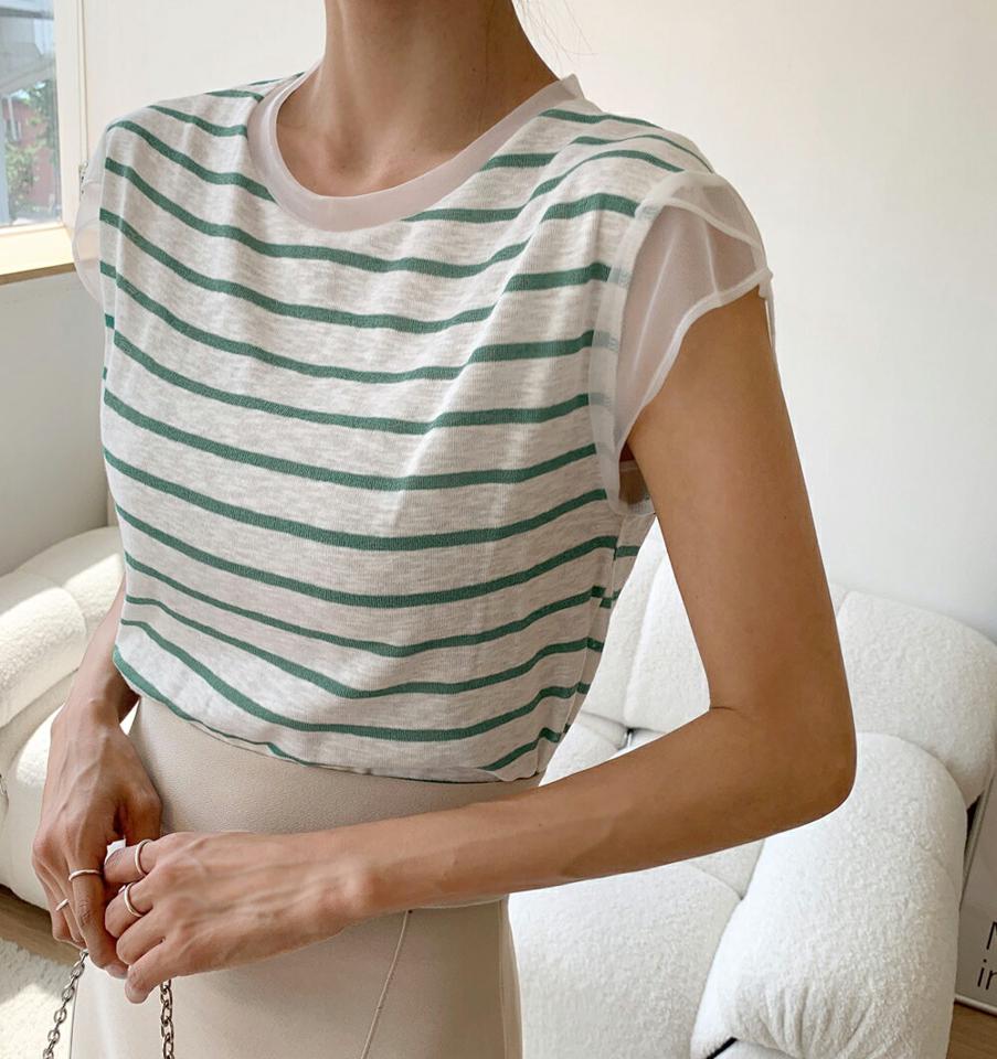 【10%OFF】シアートリムボーダーTシャツ・t01489 レディース 【tops】トップス Tシャツ キャップスリーブ ショートスリーブ 透け感 シアー シースルー ボーダー柄 ラウンドネック カジュアル かわいい 大人 夏 韓国ファッション セール SALE