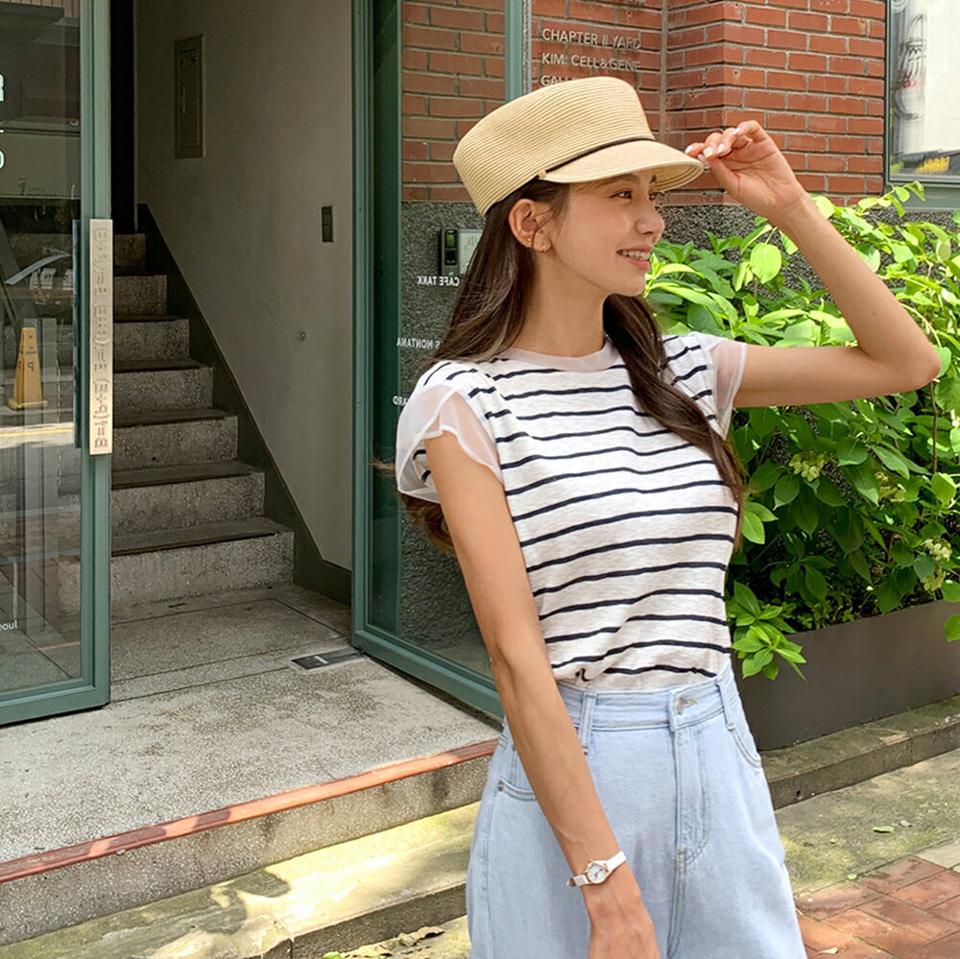 【10%OFF】シアートリムボーダーTシャツ・t01489 レディース 【tops】トップス Tシャツ キャップスリーブ ショートスリーブ 透け感 シアー シースルー ボーダー柄 ラウンドネック カジュアル かわいい 大人 夏 韓国ファッション セール SALE