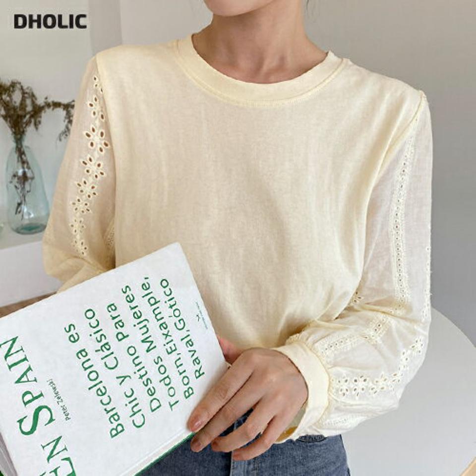 【スーパーセール特価】花柄レーススリーブTシャツ・b01492 レディース 【tops】トップス Tシャツ 長袖 レース 花柄 フェミニン ラウンドネック 袖コン 大人 シンプル ロンT アイレット 春 秋 韓国ファッション