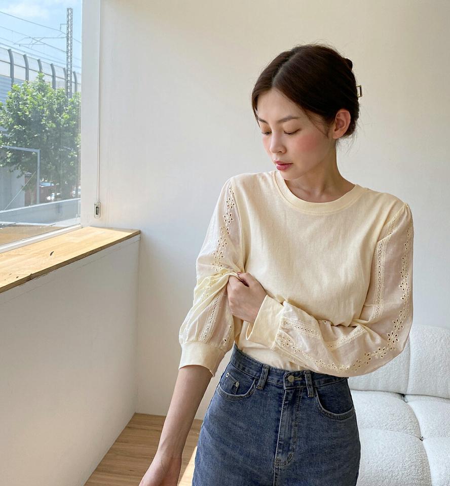 【スーパーセール特価】花柄レーススリーブTシャツ・b01492 レディース 【tops】トップス Tシャツ 長袖 レース 花柄 フェミニン ラウンドネック 袖コン 大人 シンプル ロンT アイレット 春 秋 韓国ファッション