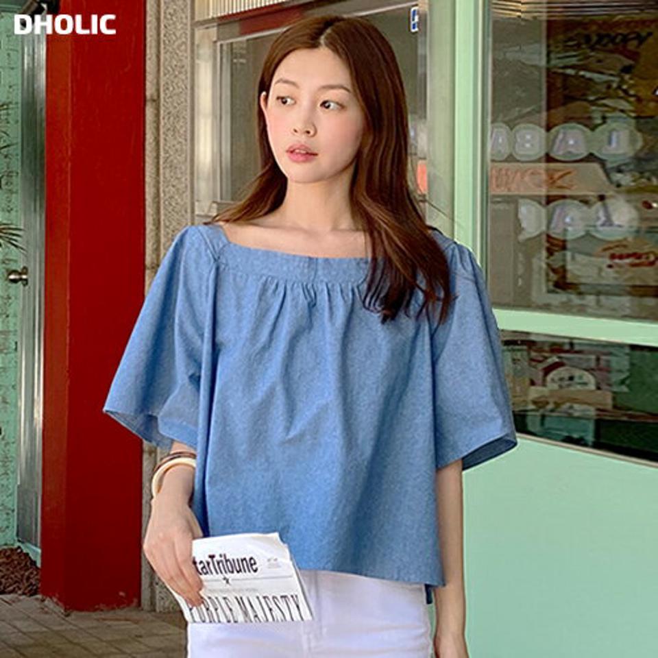 2WAYフレアデニムブラウス・t01495 レディース 【bl】トップス ブラウス 半袖 ハーフスリーブ 二の腕カバー フレア スクエアネック デコルテ 単色 無地 シンプル デニム オフショルダー 肩出し フレア ギャザー 青 夏 韓国ファッション