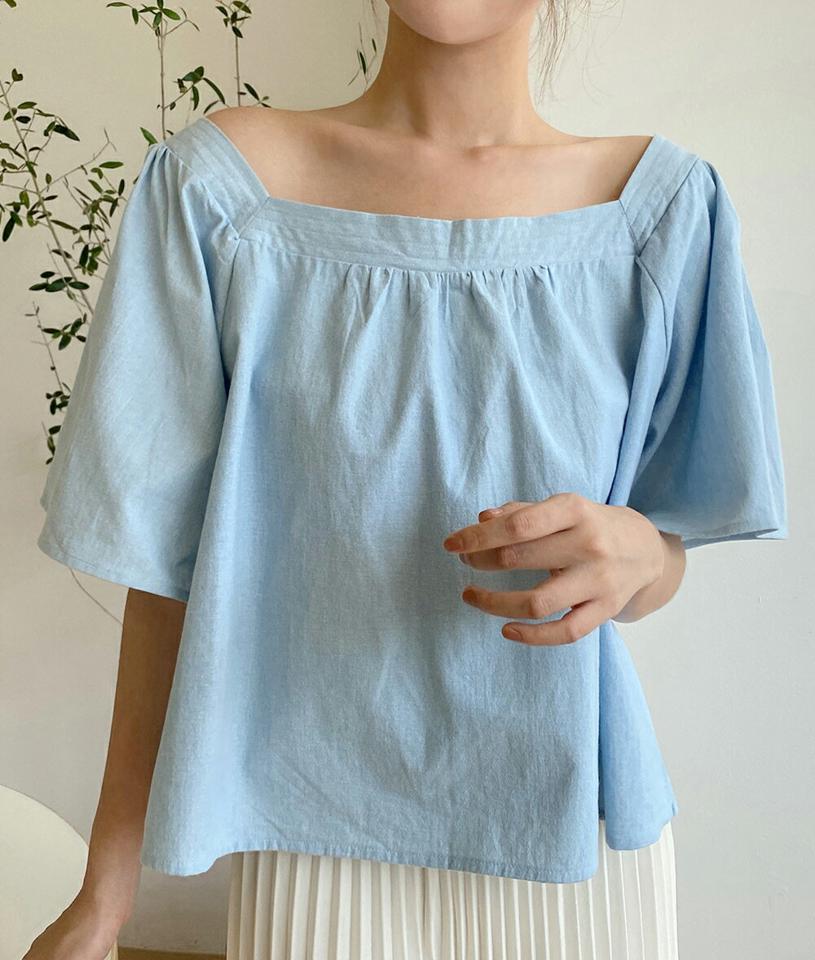 2WAYフレアデニムブラウス・t01495 レディース 【bl】トップス ブラウス 半袖 ハーフスリーブ 二の腕カバー フレア スクエアネック デコルテ 単色 無地 シンプル デニム オフショルダー 肩出し フレア ギャザー 青 夏 韓国ファッション