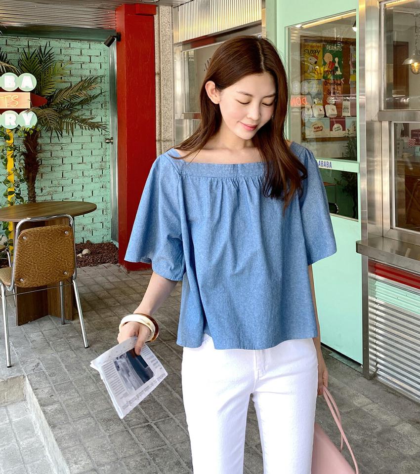 2WAYフレアデニムブラウス・t01495 レディース 【bl】トップス ブラウス 半袖 ハーフスリーブ 二の腕カバー フレア スクエアネック デコルテ 単色 無地 シンプル デニム オフショルダー 肩出し フレア ギャザー 青 夏 韓国ファッション