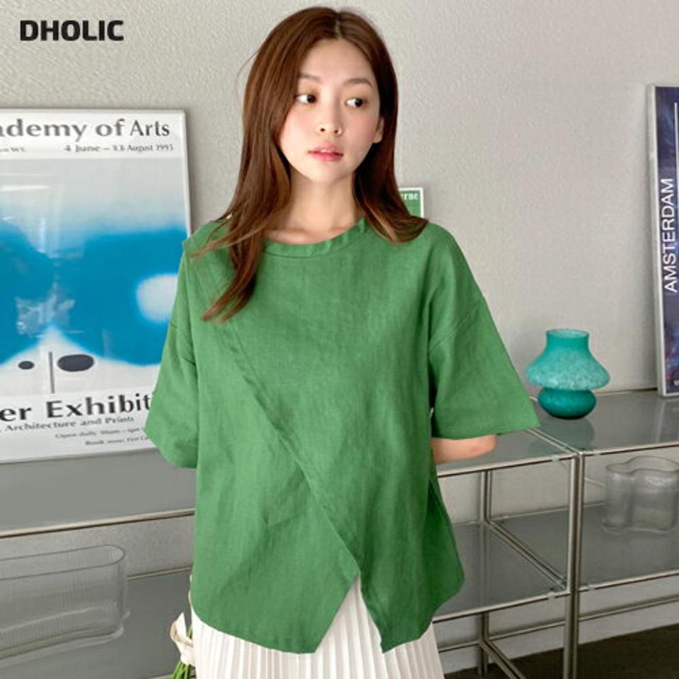 【10%OFF】リネンスリットTシャツ・b01498 レディース 【tops】トップス Tシャツ 半袖 ハーフスリーブ リネン スリット ユニーク シンプル 単色 無地 カジュアル ラフ ラウンドネック ドロップショルダー 無地T ゆったり 緑 春 夏 韓国ファッション セール SALE