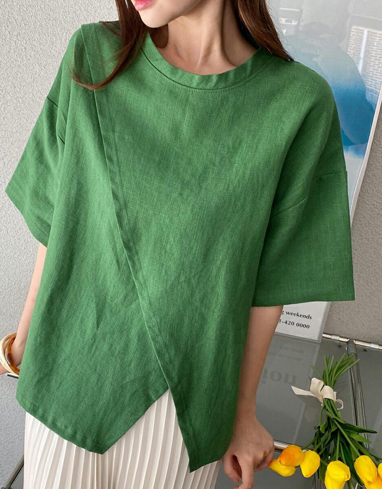 【10%OFF】リネンスリットTシャツ・b01498 レディース 【tops】トップス Tシャツ 半袖 ハーフスリーブ リネン スリット ユニーク シンプル 単色 無地 カジュアル ラフ ラウンドネック ドロップショルダー 無地T ゆったり 緑 春 夏 韓国ファッション セール SALE