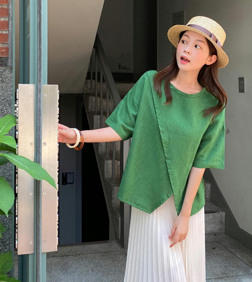 【10%OFF】リネンスリットTシャツ・b01498 レディース 【tops】トップス Tシャツ 半袖 ハーフスリーブ リネン スリット ユニーク シンプル 単色 無地 カジュアル ラフ ラウンドネック ドロップショルダー 無地T ゆったり 緑 春 夏 韓国ファッション セール SALE