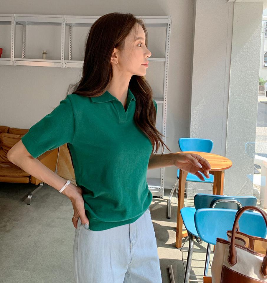 半袖スキッパーニット・b01501 レディース 【tops】トップス ニット 年上 半袖 ハーフスリーブ ポロ襟 スキッパー 開襟 サマーニット 単色 無地 シンプル 大人 きれいめ かっちり 春 夏 韓国ファッション