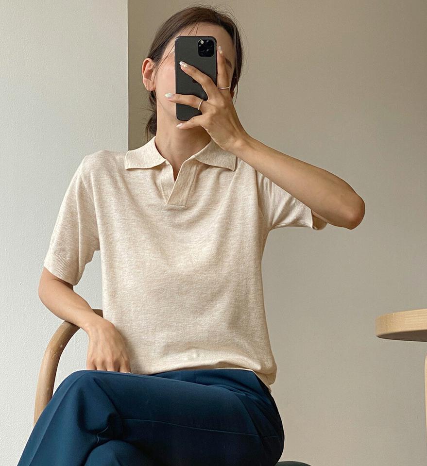 半袖スキッパーニット・b01501 レディース 【tops】トップス ニット 年上 半袖 ハーフスリーブ ポロ襟 スキッパー 開襟 サマーニット 単色 無地 シンプル 大人 きれいめ かっちり 春 夏 韓国ファッション