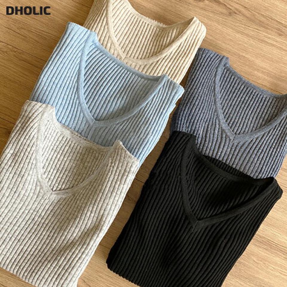 タイトリブVネックニット・b00597 レディース 【tops】トップス ニット 年上 長袖 リブトップス タイト スリム 単色 無地 シンプル ベーシック 大人 カジュアル Vネック カラーニット 水色 春 秋 韓国ファッション