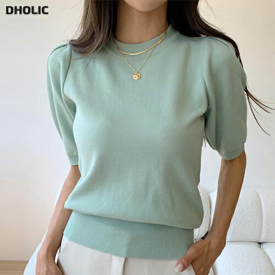 パフ半袖ニット・b01503 レディース 【tops】トップス ニット 半袖 ハーフスリーブ ラウンドネック パフスリーブ 単色 無地 シンプル ベーシック 大人 きれいめ フェミニン ミント 緑 夏 韓国ファッション