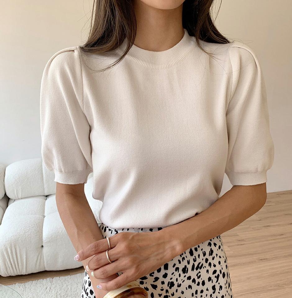 パフ半袖ニット・b01503 レディース 【tops】トップス ニット 半袖 ハーフスリーブ ラウンドネック パフスリーブ 単色 無地 シンプル ベーシック 大人 きれいめ フェミニン ミント 緑 夏 韓国ファッション