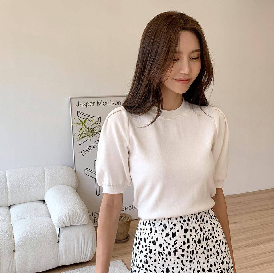 パフ半袖ニット・b01503 レディース 【tops】トップス ニット 半袖 ハーフスリーブ ラウンドネック パフスリーブ 単色 無地 シンプル ベーシック 大人 きれいめ フェミニン ミント 緑 夏 韓国ファッション