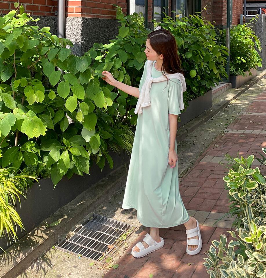 AラインTシャツワンピース・b01499 レディース 【ops】ワンピース ロング丈 半袖 ハーフスリーブ ラウンドネック Aライン 単色 無地 ベーシック カジュアル ワンマイルウェア カットソーワンピース 楽ちん ラフ ミント 黄緑 夏 韓国ファッション