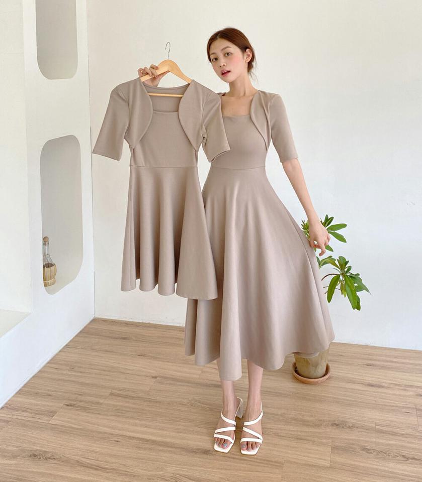【10%OFF】2TYPEボレロワンピース・t01467 レディース 【ops】ワンピース ミディ丈 ミニワンピース ショート丈 ロング丈 選べる 半袖 レイヤード風 フェミニン 大人 きれいめ 上品 フレア ベージュ 春 夏 韓国ファッション セール SALE