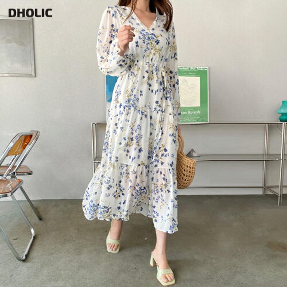 花柄Vネックストリングワンピース・b01506 レディース 【ops】ワンピース ロング丈 長袖 フェミニン きれいめ 花柄 Vネック ストリング かわいい 青 透け感 シアー シースルー シフォン カシュクール ティアード Aライン フレア 春 秋 韓国ファッション
