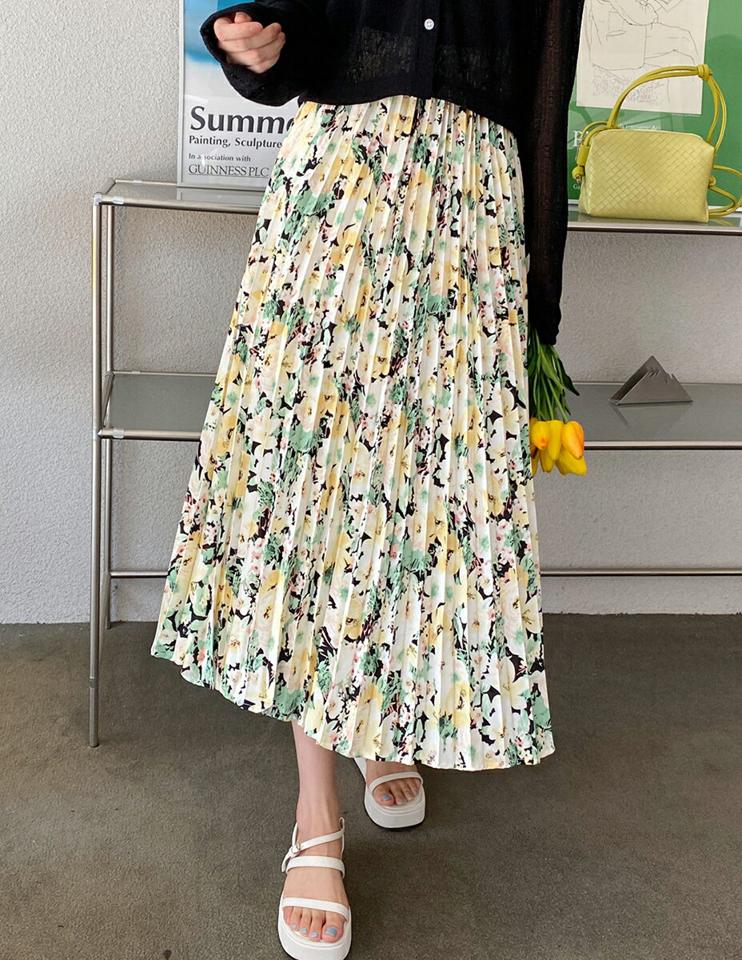花柄プリーツスカート・b01508 レディース 【sk】スカート ロング丈 プリーツ 花柄 レトロ フェミニン 揺れ感 かわいい 黄色 緑 華やか ウエストゴム 楽ちん 体型カバー Aライン 春 夏 秋 韓国ファッション