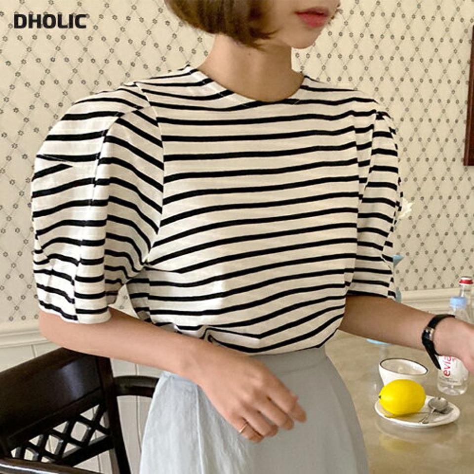 ボーダーパフTシャツ・t67515 レディース 【tops】トップス Tシャツ 半袖 ハーフスリーブ ボーダー柄 パフスリーブ カジュアル ラウンドネック 二の腕カバー 袖コン ボリューム袖 ラフ 夏 韓国ファッション