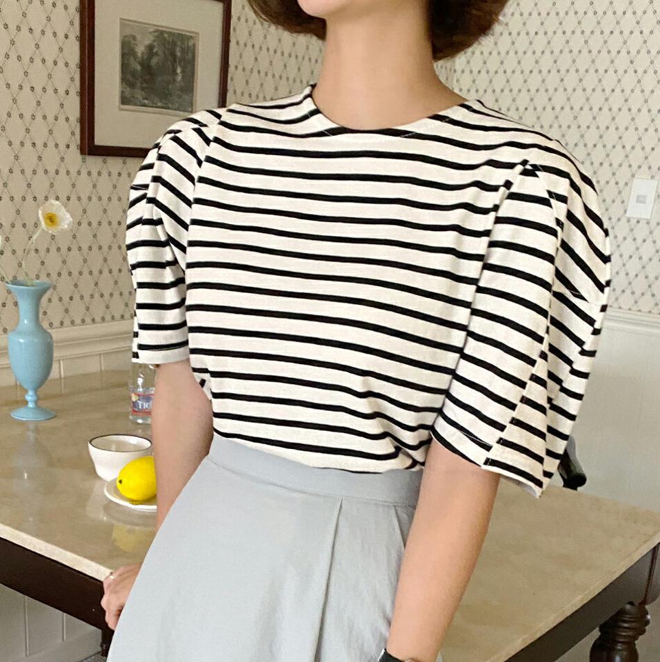 ボーダーパフTシャツ・t67515 レディース 【tops】トップス Tシャツ 半袖 ハーフスリーブ ボーダー柄 パフスリーブ カジュアル ラウンドネック 二の腕カバー 袖コン ボリューム袖 ラフ 夏 韓国ファッション